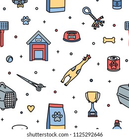 Seamless pattern with items for care, grooming, entertainment and feeding of dogs on white background. Colorful vector illustration in modern line art style for textile print, wrapping paper.