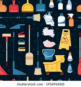 Seamless pattern of items for cleaning and cleaning floors disinfecting objects vector illustration on blue background