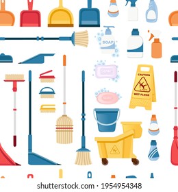 Seamless pattern of items for cleaning and cleaning floors disinfecting objects vector illustration on white background