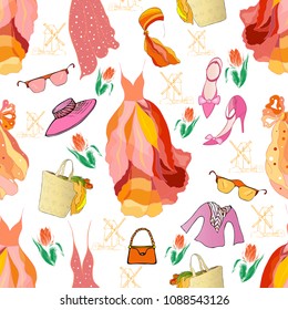 Seamless pattern of items for clothes and accessories design in romantic style. Summer clothes, shoes, tulips on white background.