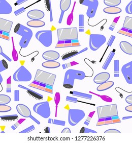 Seamless pattern with items to create makeup and hairstyle. Icons of lipstick, mascara, comb, hair dryer, perfume, nail Polish, mirror, powder, eye shadow. Vector image