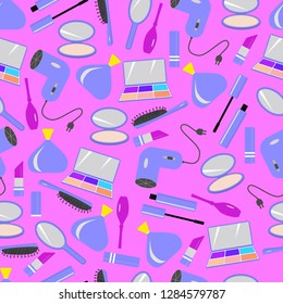 Seamless pattern with items to create makeup and hairstyle. Icons of lipstick, mascara, comb, hair dryer, perfume, nail Polish, mirror, powder, eye shadow. Vector image