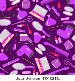 Seamless pattern with items to create makeup and hairstyle. Icons of lipstick, mascara, comb, hair dryer, perfume, nail Polish, mirror, powder, eye shadow on a dark background. Vector imagecherry