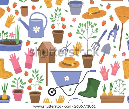Seamless pattern. Items for gardening, farming on a white background. Garden cart, bucket, shovel, rake, watering can, plants and flowers, gloves, rubber boots. 
