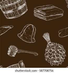 Seamless pattern items for sauna. Hand drawn vector set for bath. Retro set of sketches isolated. Basin ladle towel cap mittens broom in vintage style. Black white image. Vector illustration.