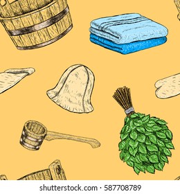 Seamless pattern items for sauna. Hand drawn vector set for bath. Retro set of sketches isolated. Basin ladle towel cap mittens broom in vintage style. Black white image. Vector illustration.