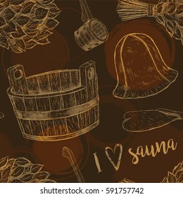 Seamless pattern items for sauna. Hand drawn vector set for bath. Retro set of sketches isolated. Basin ladle cap mitten broom in vintage style. Vector illustration.