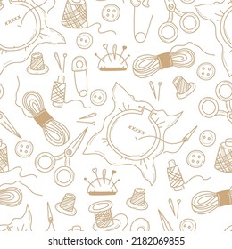 Seamless pattern with items for sewing and knitting. Needles, threads, scissors hoops with embroidery and buttons on white background. Vector illustration. Linear hand drawings in doodle style