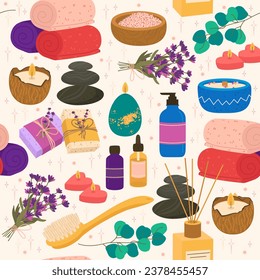 Nahtloses Muster mit Artikeln für Wellness-Behandlungen. Entspannen und Wellness Zone. Dekortextilien, Wickelpapier, Tapete-Design. Für Stoff drucken. Cartoon-Flachstil, einzelne Vektorgrafik-Konzept