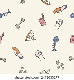 Seamless pattern with items for taking care of pets. Editable vector background for veterinary services, volunteers