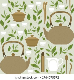 Seamless pattern with items for traditional Chinese tea drinking Pin Cha. The kettle, gaiwan and the green tea leaves.