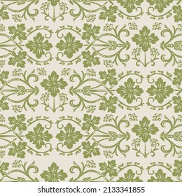 Seamless pattern in ivory ang green, vintage Victorian floral ornament of wild flowers, scrolls and swirls