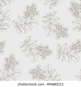 Seamless pattern with ivory flowers and leaves on light gray background