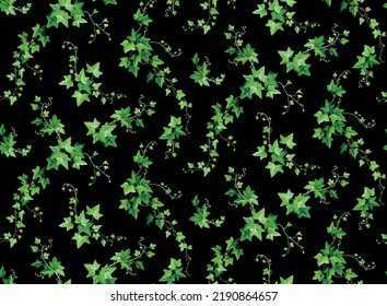 Seamless pattern with ivy. Leaves in realistic style. Climber plant. Foliage design on a black background. Vector botanical illustration.