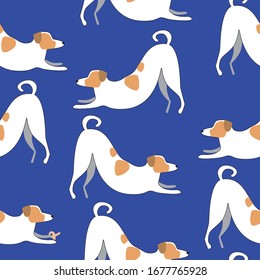 Seamless pattern with jack russell terrier on a blue background as a concept of yoga or gymnastics. Scandinavian vector stock illustration with doodle dog as wallpaper or texture for print
