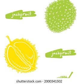 Patrón sin foco con yaca, durión. Papel colorido cortó frutas tropicales aisladas en fondo blanco. Ilustración vectorial dibujada a mano de Doodle