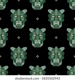 Seamless pattern with jade masks of Zapotec Indians from Monte Alban. Pre Columbian Native American art. Head of fantastic character. Jaguar man.