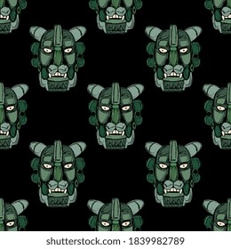 Seamless pattern with jade masks of Zapotec Indians from Monte Alban. Pre Columbian Native American art. Head of fantastic character. Jaguar man. Hand drawn rough sketches.