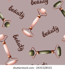 Seamless pattern with jade roller for gua sha massage. Beauty, skin care, body care, treatment, massaging concept. Vector illustration for background, scrapbooking, wrapping paper.