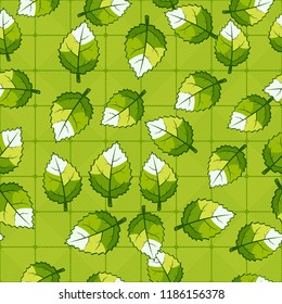 A seamless pattern of jagged leaves arranged randomly against a background of diagonally striped squares.