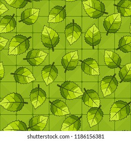 A seamless pattern of jagged leaves arranged randomly against a background of diagonally striped squares.