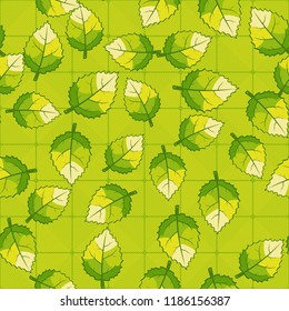 A seamless pattern of jagged leaves arranged randomly against a background of diagonally striped squares.