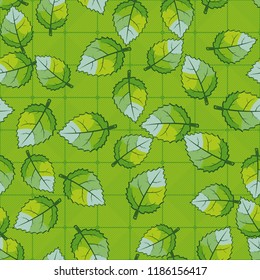 A seamless pattern of jagged leaves arranged randomly against a background of diagonally striped squares.