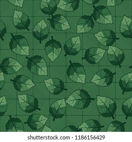 A seamless pattern of jagged leaves arranged randomly against a background of diagonally striped squares.