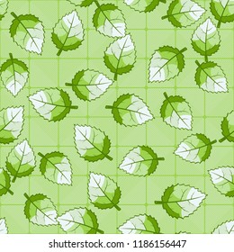A seamless pattern of jagged leaves arranged randomly against a background of diagonally striped squares.