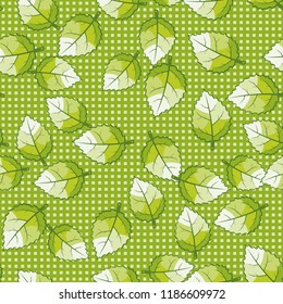 Seamless pattern of jagged leaves arranged against a background of rows of small squares.