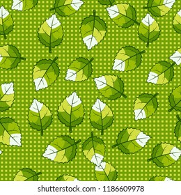 Seamless pattern of jagged leaves arranged against a background of rows of small squares.