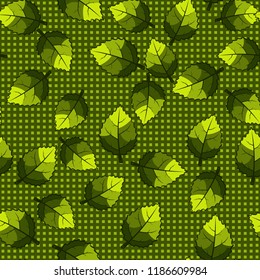 Seamless pattern of jagged leaves arranged against a background of rows of small squares.