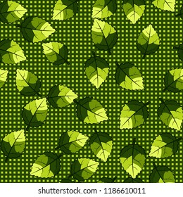 Seamless pattern of jagged leaves arranged against a background of rows of small squares.