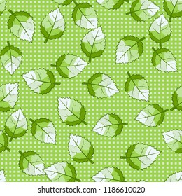 Seamless pattern of jagged leaves arranged against a background of rows of small squares.
