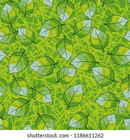 A seamless pattern of jagged leaves arranged against a background of random straight lines.