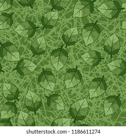 A seamless pattern of jagged leaves arranged against a background of random straight lines.