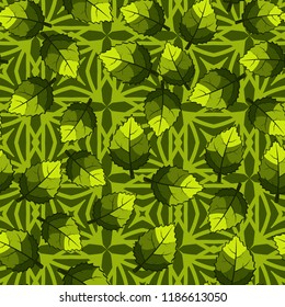 A seamless pattern of jagged leaves arranged against a background of squares and rhombuses.