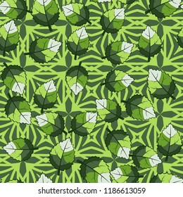 A seamless pattern of jagged leaves arranged against a background of squares and rhombuses.