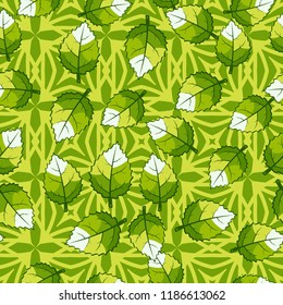 A seamless pattern of jagged leaves arranged against a background of squares and rhombuses.