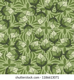 A seamless pattern of jagged leaves arranged against a background of squares and rhombuses.