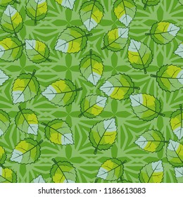 A seamless pattern of jagged leaves arranged against a background of squares and rhombuses.