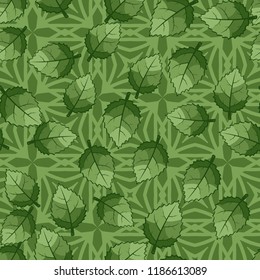 A seamless pattern of jagged leaves arranged against a background of squares and rhombuses.