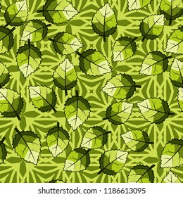 A seamless pattern of jagged leaves arranged against a background of squares and rhombuses.