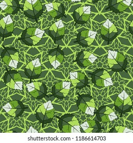 A seamless pattern of jagged leaves arranged against a background of five-pointed flower-stars.