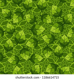 A seamless pattern of jagged leaves arranged against a background of five-pointed flower-stars.
