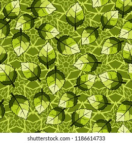 A seamless pattern of jagged leaves arranged against a background of five-pointed flower-stars.