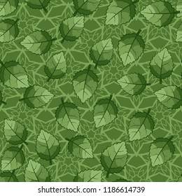 A seamless pattern of jagged leaves arranged against a background of five-pointed flower-stars.