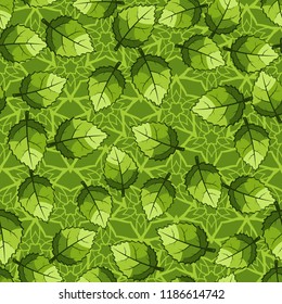 A seamless pattern of jagged leaves arranged against a background of five-pointed flower-stars.