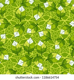 A seamless pattern of jagged leaves arranged against a background of five-pointed flower-stars.