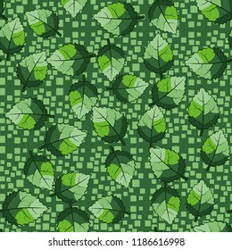 A seamless pattern of jagged leaves located on a background of chaos from rounded squares.